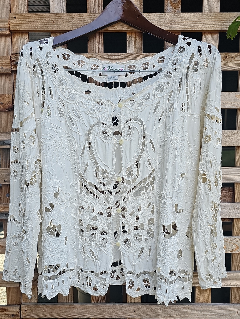 Vintage Cream Lace Cutout Button-Front Blouse
